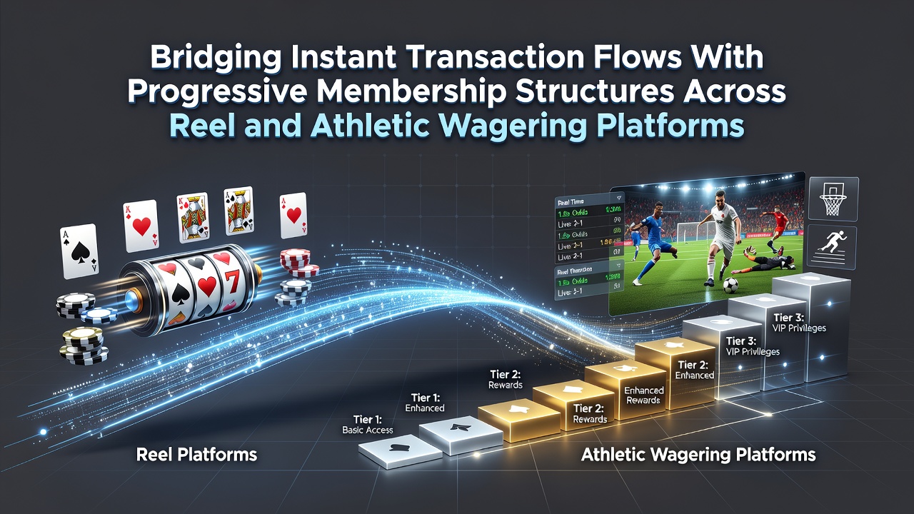 Digital interface showing seamless transaction flows between reel gaming and sports wagering platforms with loyalty tier indicators