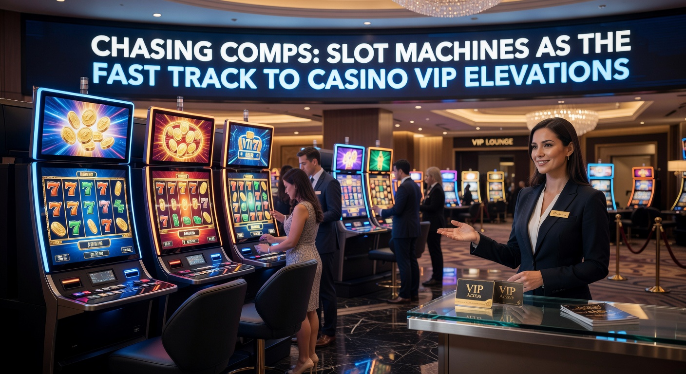 Vibrant slot machine reels spinning under casino lights, with a VIP card prominently displayed nearby