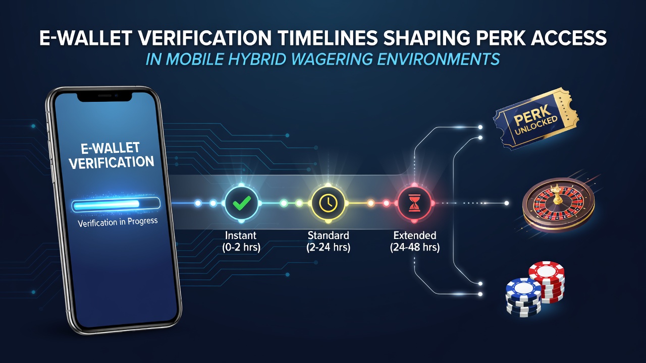 Mobile device displaying e-wallet verification process alongside hybrid wagering app interface with sports and slot game icons