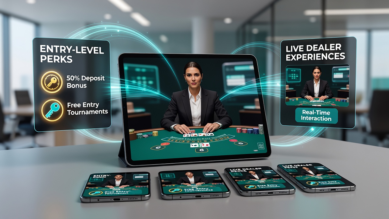 Tablet displaying live dealer interface next to loyalty progress bar on a mobile app
