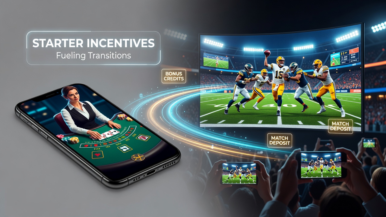 Mobile device showing live dealer blackjack table alongside a sports betting interface with welcome bonus indicators
