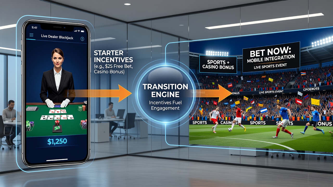 Infographic displaying bonus flow between live dealer mobile screens and sports event betting dashboards with transition arrows