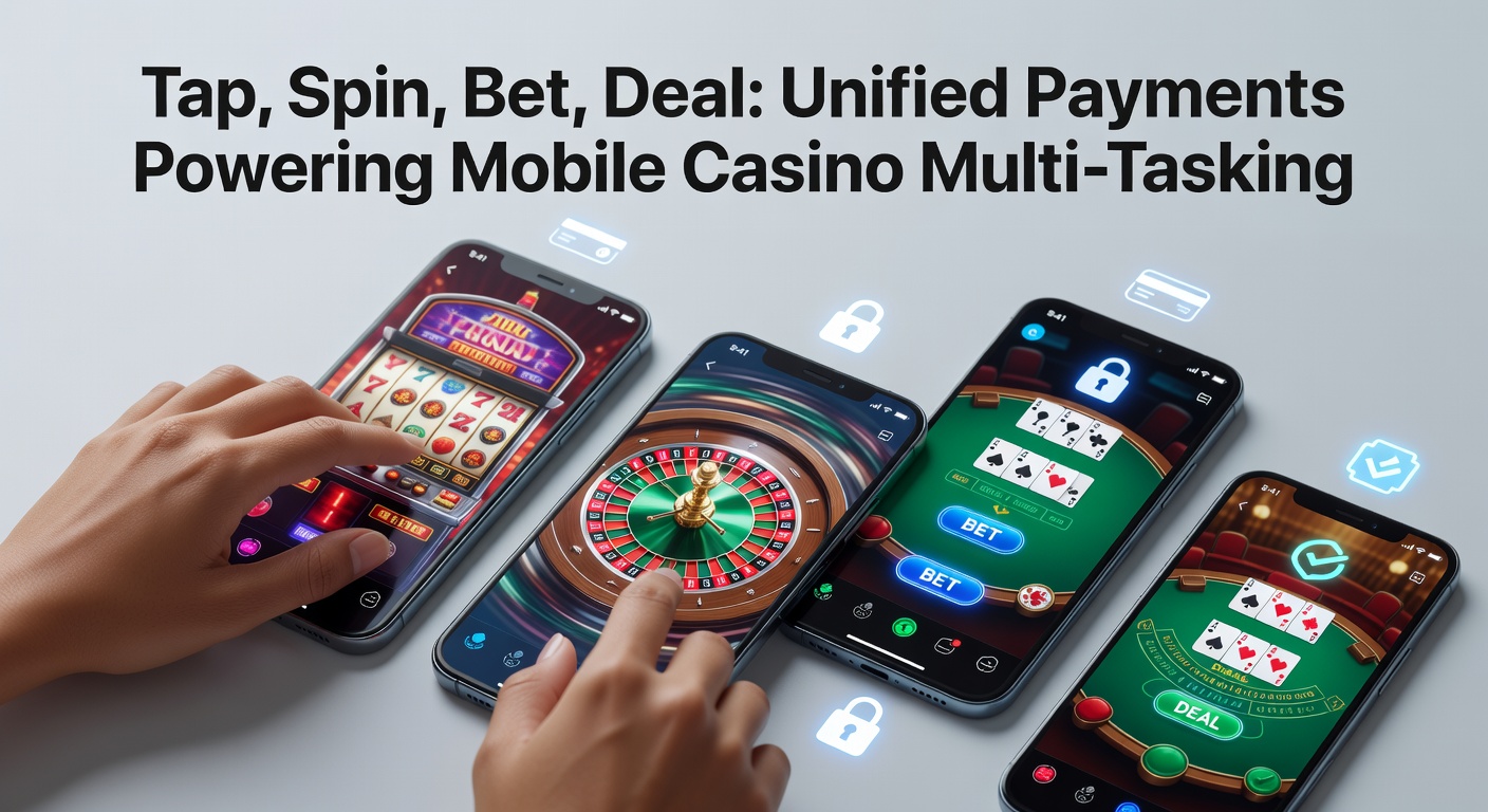 Mobile phone screen showing seamless transitions between slot spins, sports bets, and card deals with unified payment overlays