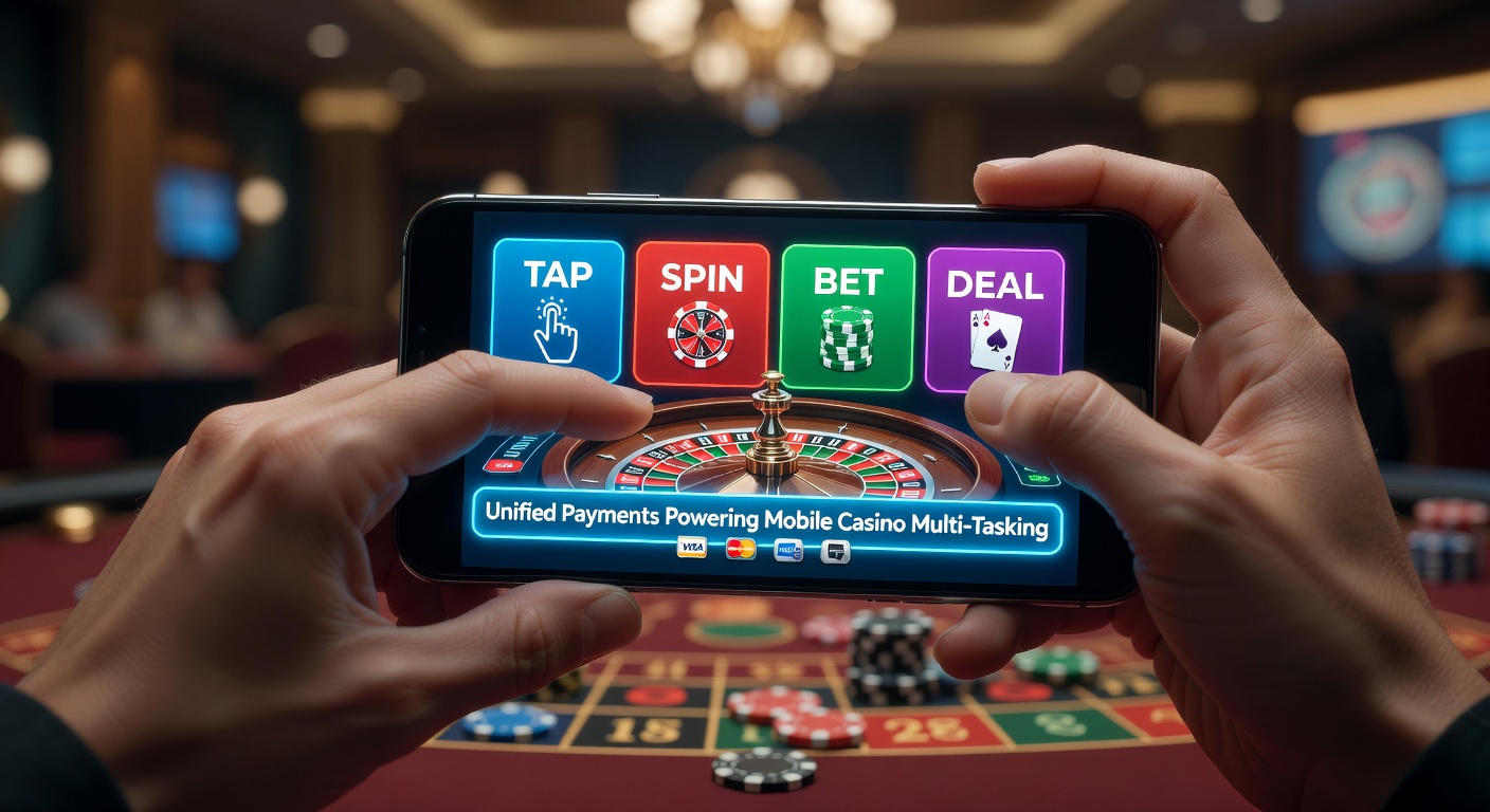 Close-up of a unified payment interface on a smartphone, displaying balances for slots, bets, and tables in real-time